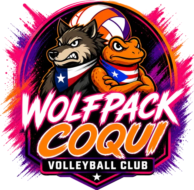 The Wolfpack Coquí VBC crest: a wolf in a Texas flag bandana and a coquí frog in a Puerto Rico flag bandana, back to back in front of a volleyball