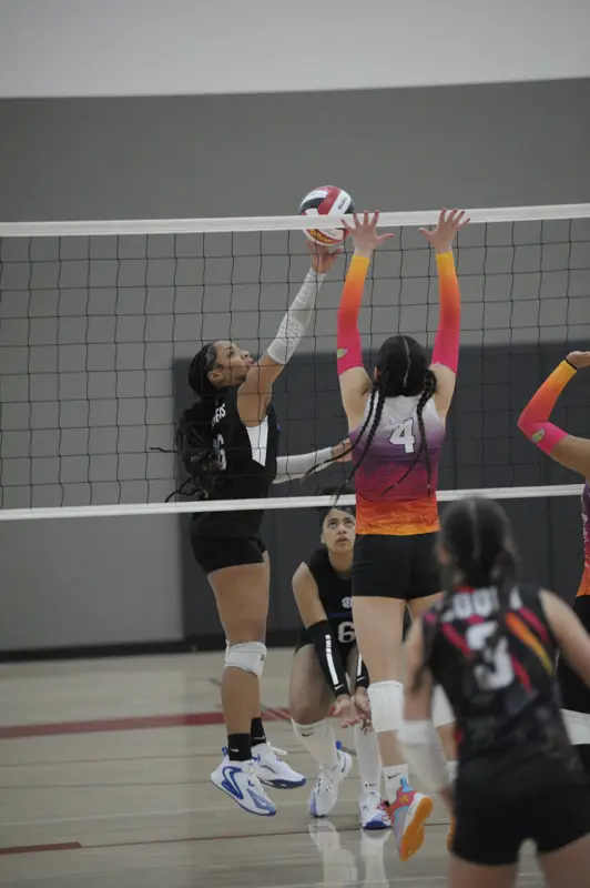 Two players go up for a block at the net